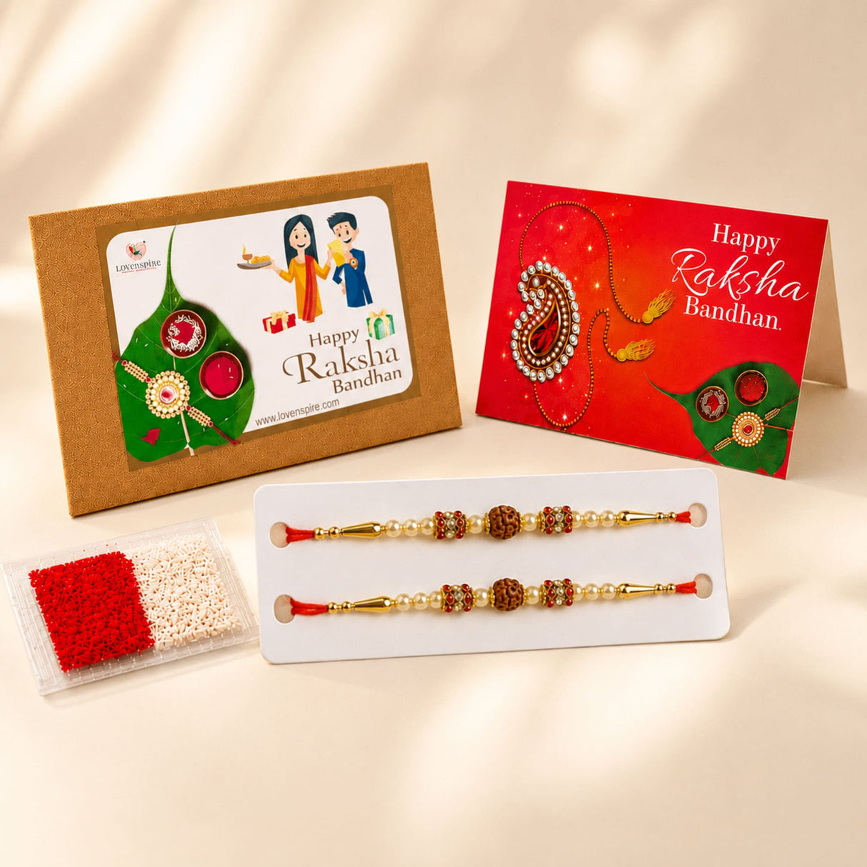 Designer rakhi threads for brother and bhabhi featuring gold-toned beads, pearl accents, and intricate red and brown beadwork