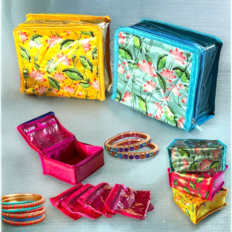 Lotus print indian jewelry box satin pouches jewellery