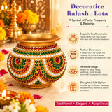 Decorative golden kalash for pooja made of mild steel with intricate red green and white beadwork for festival decor