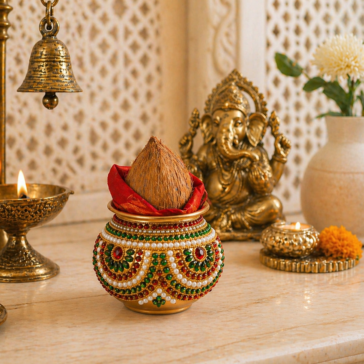 Decorative kalash made of mild steel with intricate green red and white bead patterns for pooja and festival decor