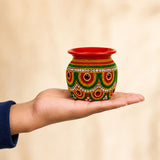 Decorative kalash for pooja mild steel vibrant red and green beaded pot with gold accents and rhinestones for festival decor