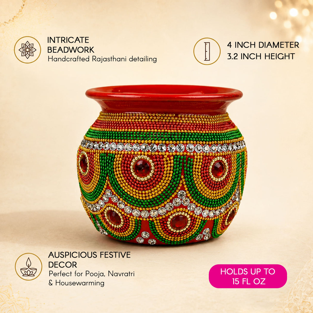 A vibrant red handmade mild steel decorative kalash with intricate green gold silver beaded patterns and gemstones for pooja