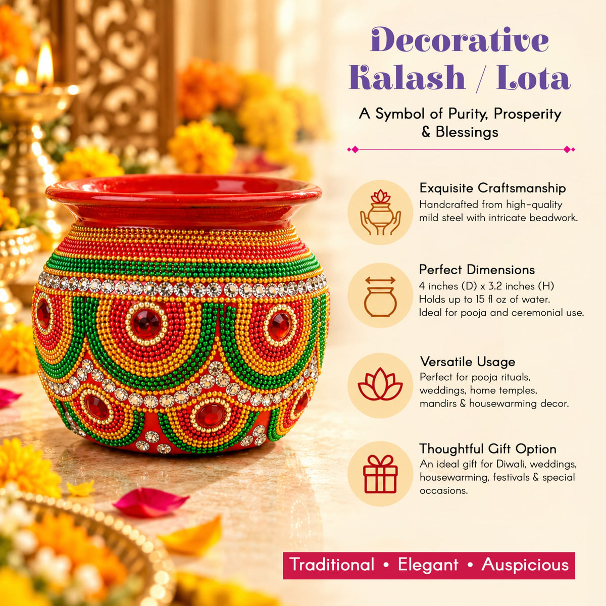 A vibrant red and green beaded decorative kalash with intricate gold detailing made of mild steel for pooja decor