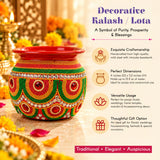 A vibrant red and green beaded decorative kalash with intricate gold detailing made of mild steel for pooja decor