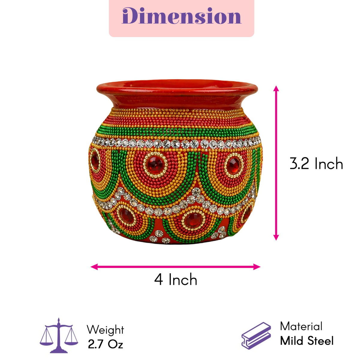 A vibrant red handmade mild steel decorative kalash with green and gold beadwork for pooja and festival decor