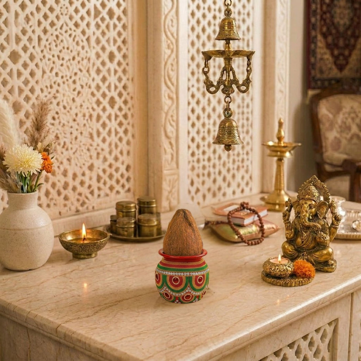 Decorative kalash hand-painted ceramic pot with coconut mild steel puja kalash for festival wedding home decor