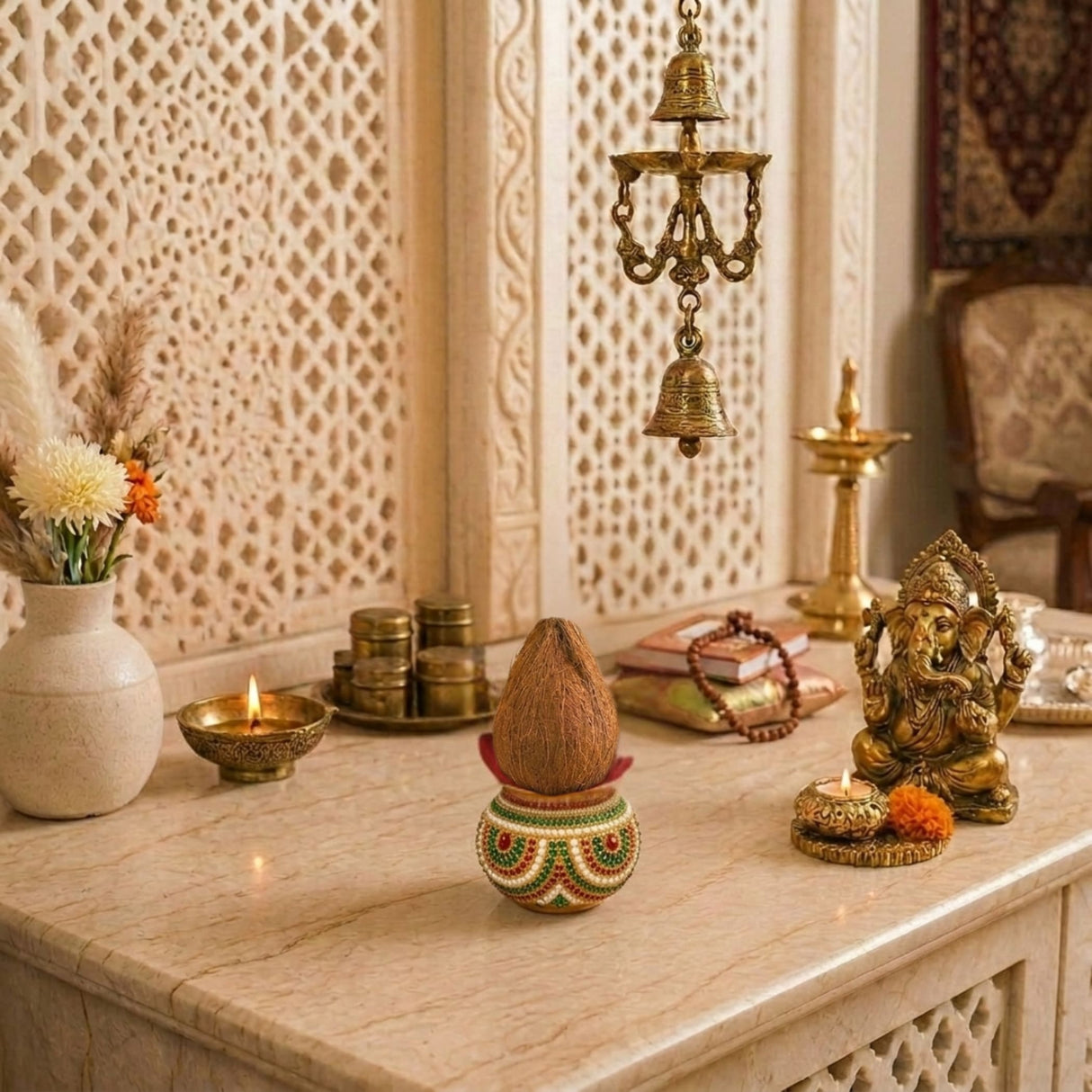 A golden ganesha statue with intricate carvings seated on a decorative mild steel pooja kalash for festival decor
