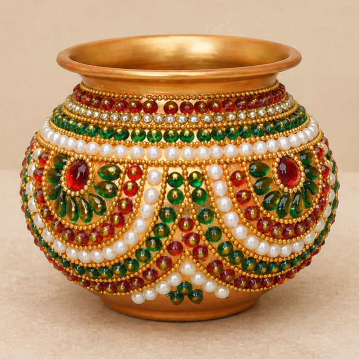 Decorative kalash for pooja handmade mild steel golden pot adorned with red green and white bead patterns for festival decor