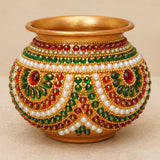Decorative kalash for pooja handmade mild steel golden pot adorned with red green and white bead patterns for festival decor