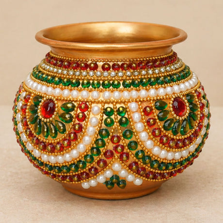 Decorative kalash for pooja handmade mild steel golden pot adorned with red green and white bead patterns for festival decor