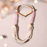 Handmade Swagat Mala multi-strand pearl necklace with gold accents and pink beads