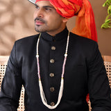 Handmade moti pearl milni garlands with black silk sherwani