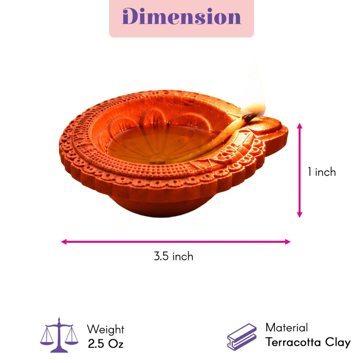 Handmade terracotta clay diya with intricate floral patterns and wick holder for pooja and Diwali decoration