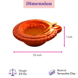 Handmade terracotta clay diya with intricate floral patterns and wick holder for pooja and Diwali decoration