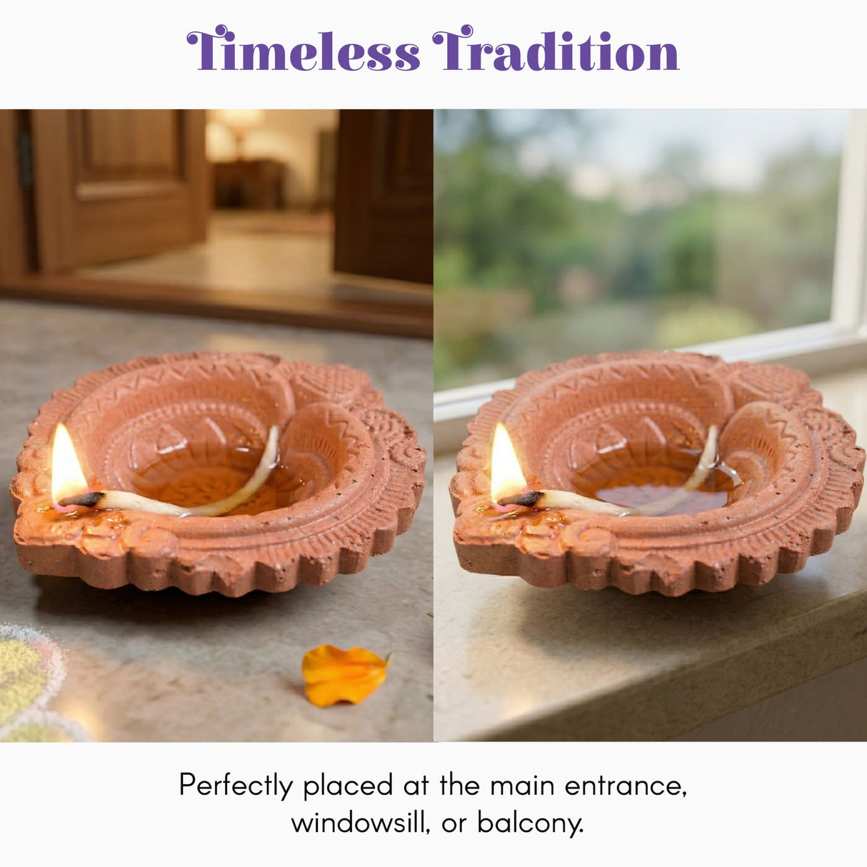 Clay diya made of terracotta with intricate carved edges and a central flame for Diwali pooja decoration