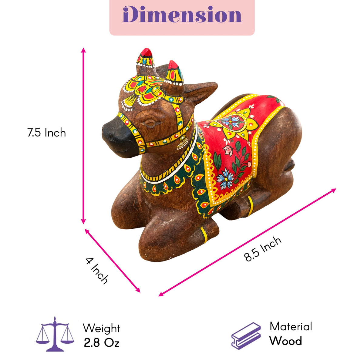 Hand-painted wooden nandi cow idol decorated with vibrant red yellow and green patterns for home temple pooja decor
