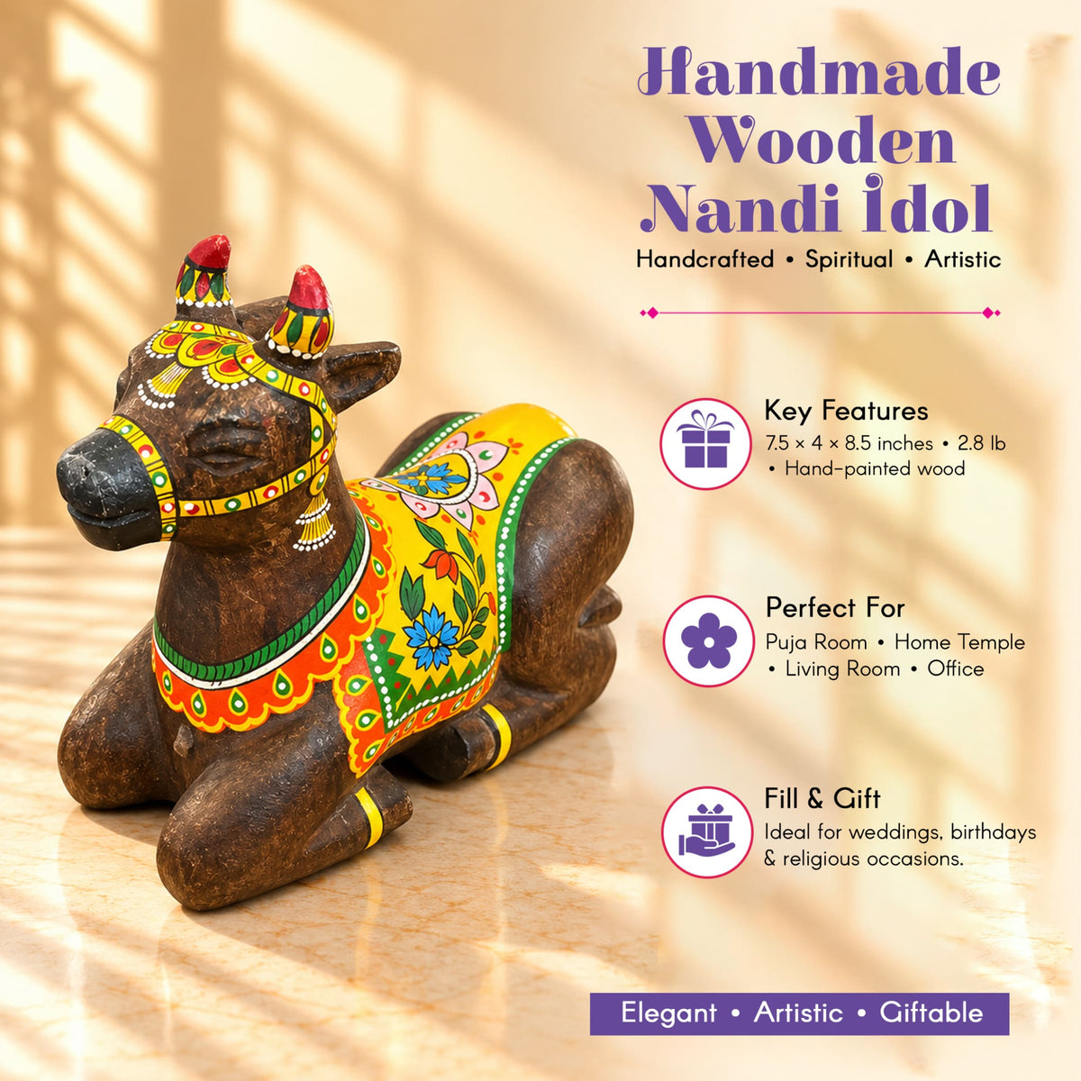Handmade wooden nandi cow idol with intricate hand-painted floral and geometric designs in vibrant colors for pooja decor