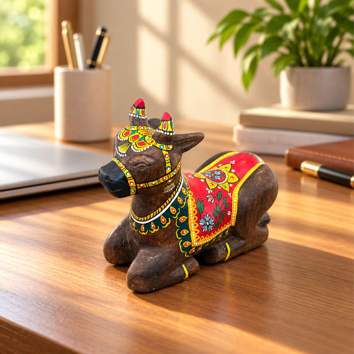 Hand-painted wooden nandi cow idol with vibrant red yellow and green patterns for home temple pooja decor