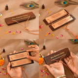 Brown wooden Hanuman Chalisa book cover with engraved prayer board and string bracelet
