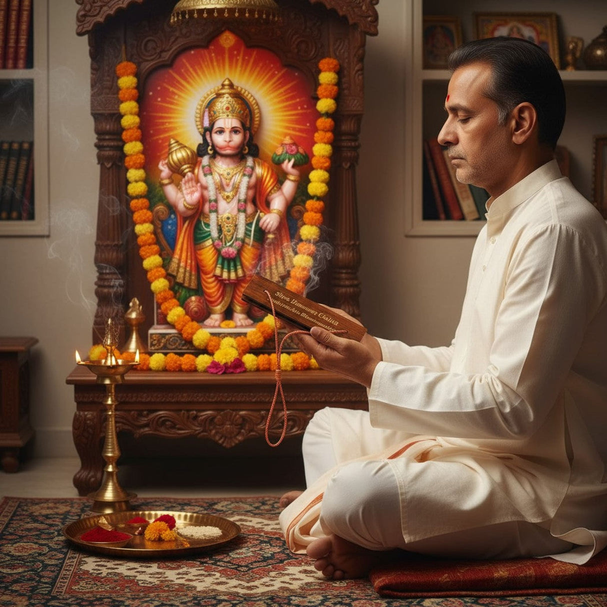 White and gold Hanuman statue with floral garlands on wooden Chalisa book cover