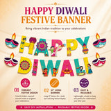 Vibrant colorful paper diwali banner bunting with festive lettering and decorative diyas for indian themed party decor