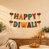 Colorful happy diwali paper banner bunting with intricate diya and lantern designs in red gold blue green and purple for home decor