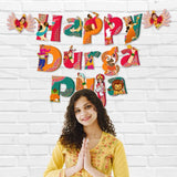 Happy durga puja banner for hindu navratri festival