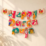 Vibrant colorful paper cutout happy durga puja banner with traditional indian designs for navratri festival decor