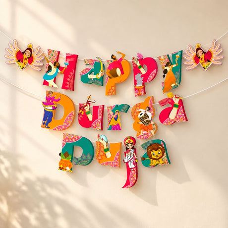 Vibrant colorful paper cutout happy durga puja banner with traditional indian designs for navratri festival decor
