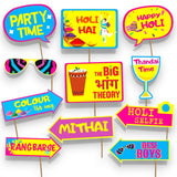Vibrant colorful holi themed photo booth props with playful designs and bold text for hindu festival party supplies