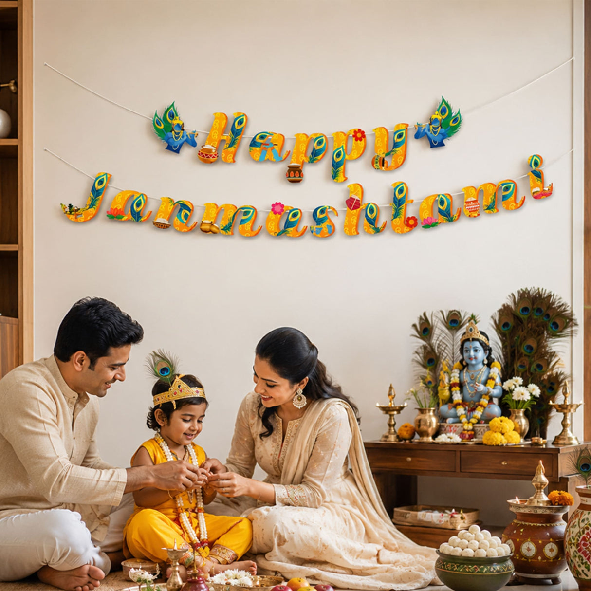 Happy janmashtami yellow and green peacock-themed banner with floral accents for indoor outdoor krishna janmashtami decor