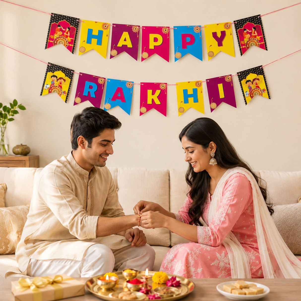 Gold-colored rakhi bracelet made of metal worn on wrist for happy rakhi banners and raksha bandhan decoration use