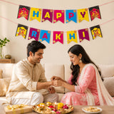 Gold-colored rakhi bracelet made of metal worn on wrist for happy rakhi banners and raksha bandhan decoration use