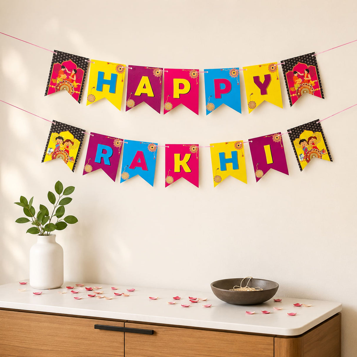 Vibrant multicolored paper happy rakhi banner with festive sun motifs for indoor outdoor raksha bandhan decor