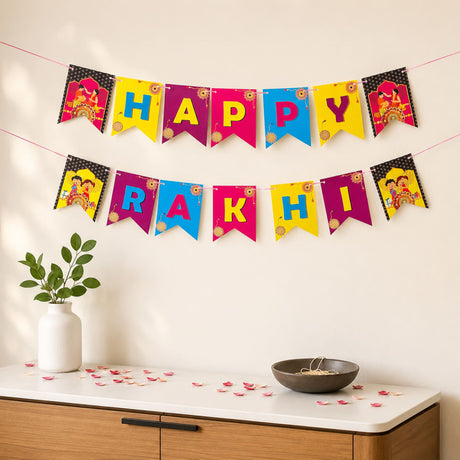 Vibrant multicolored paper happy rakhi banner with festive sun motifs for indoor outdoor raksha bandhan decor
