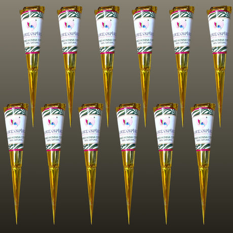 Golden foil henna cones with zebra labels and pink bird logo