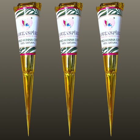 Three golden love&spirit henna cones with green leaf labels
