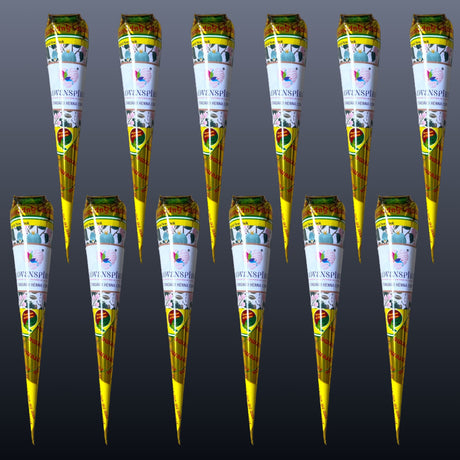 Yellow and white organic handmade henna cones with colorful labels