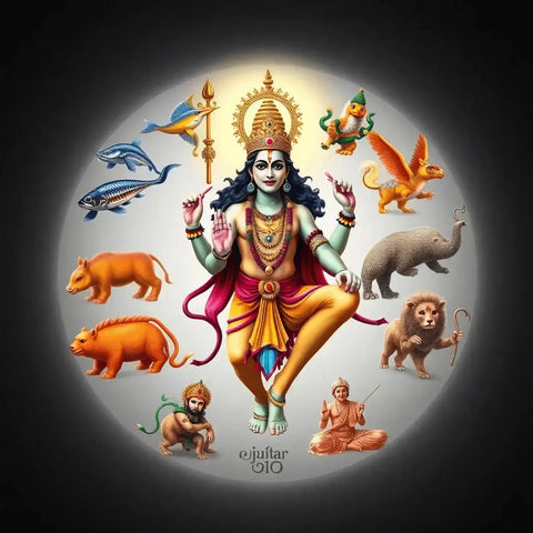 A vibrant circle of symbolic representations of Vishnu's ten avatars, including a fish, tortoise, boar, and lion-man, set against a serene spiritual background.