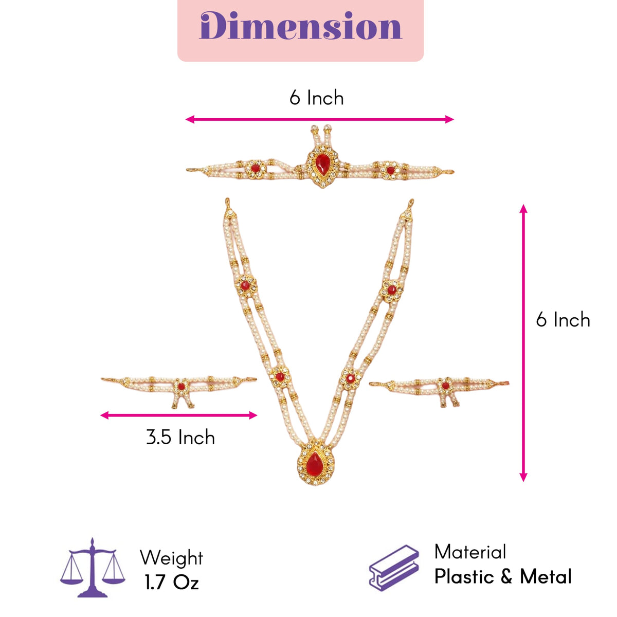 Gold-toned pearl jewelry set with red teardrop gemstone pendant for indian god and goddess idol pooja decor