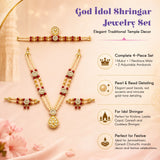 Gold-toned pearl jewelry set for Indian god and goddess idol with necklace, armlets, red beads, and crown for temple decor