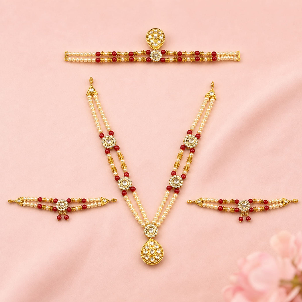 Gold-toned hindu god goddess shringaar necklace with teardrop pendant red beads and pearl strands for traditional worship