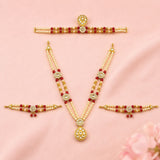 Gold-toned hindu god goddess shringaar necklace with teardrop pendant red beads and pearl strands for traditional worship