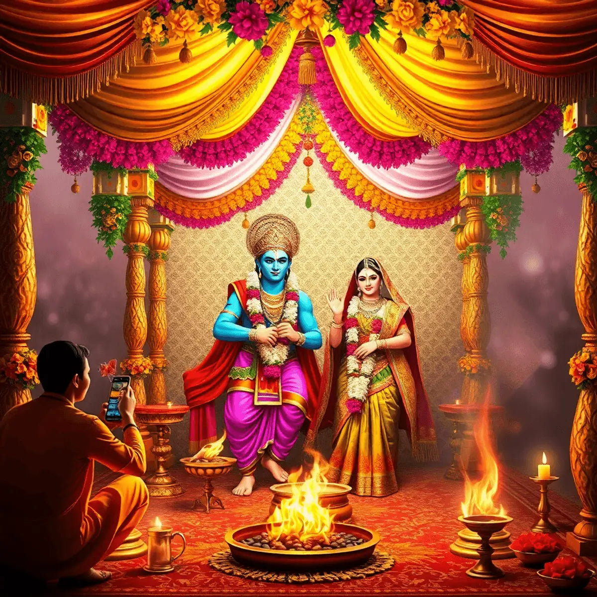 A vibrant traditional wedding scene with a flower-adorned mandap, Lord Rama and Sita in wedding attire, surrounded by colorful decorations and sacred offerings.