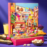 Vibrant pink gold Holi advent calendar with festive scenes, gulal, thandai, tika