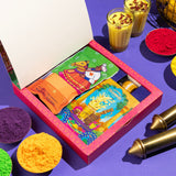 Premium Holi gift box with vibrant pink packaging, natural gulab jamun, gulal colors, thandai mix, chandan tika, and greeting card