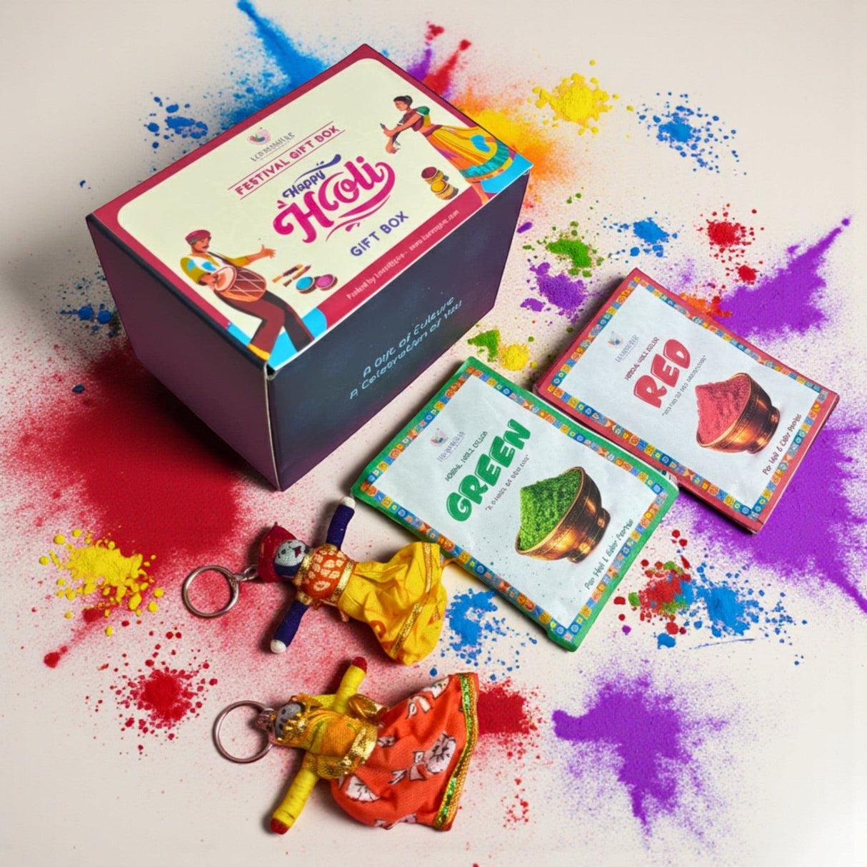 Handmade Holi gift box with gulal colors, keychains, powders and Happy Holi text