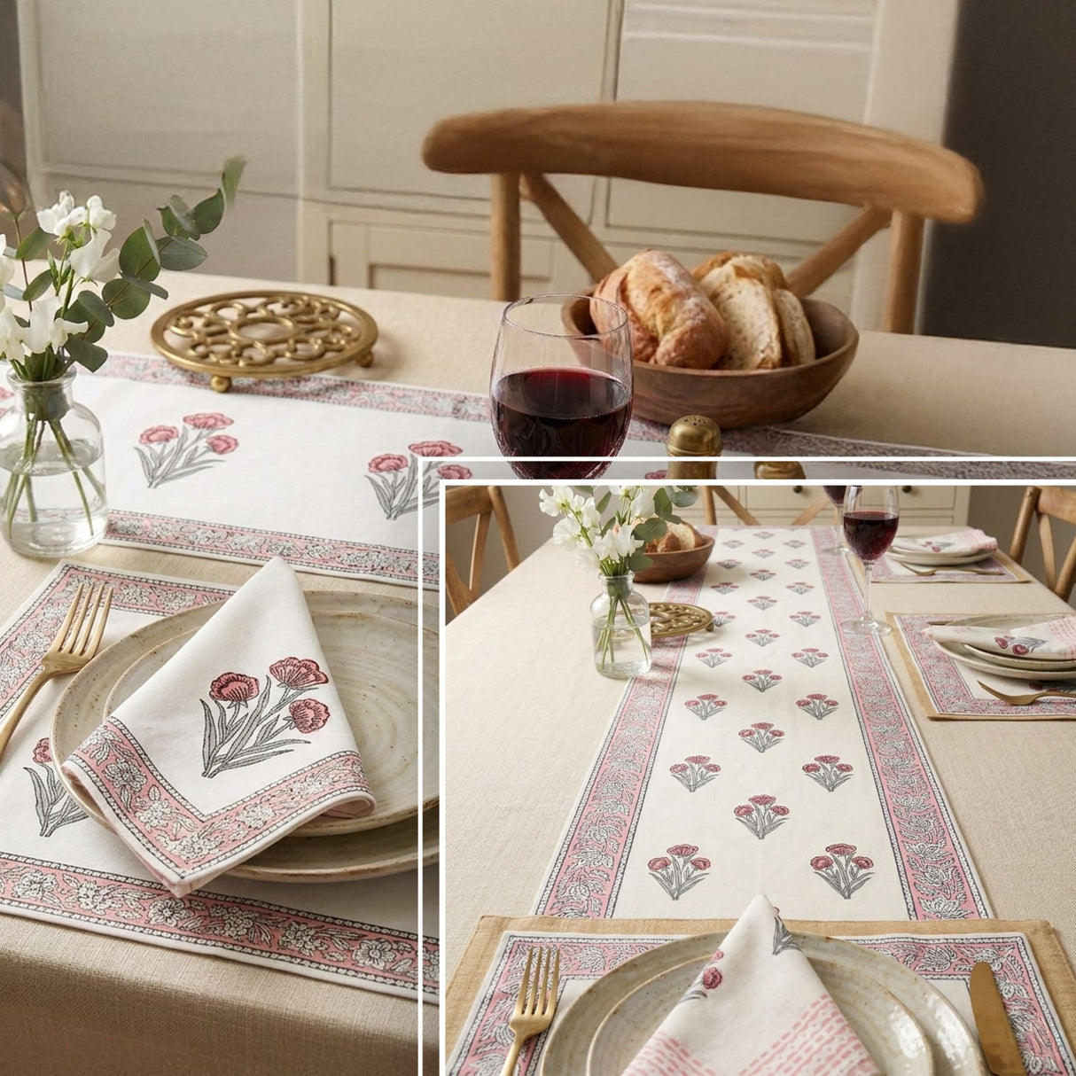 White cotton napkin with pink gray floral embroidery edges