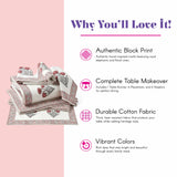 White cotton table runner with pink gray floral rose block print