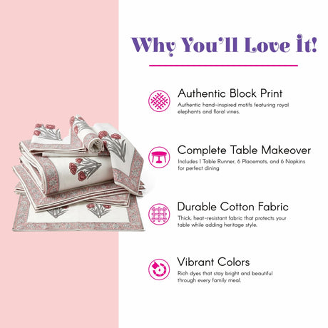 White cotton table runner with pink gray floral rose block print